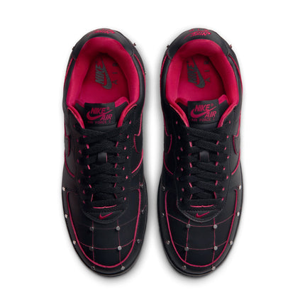 Top-down view of black Nike Air Force 1 sneakers with gym red piping, quilted leather detailing, and metallic silver studs.