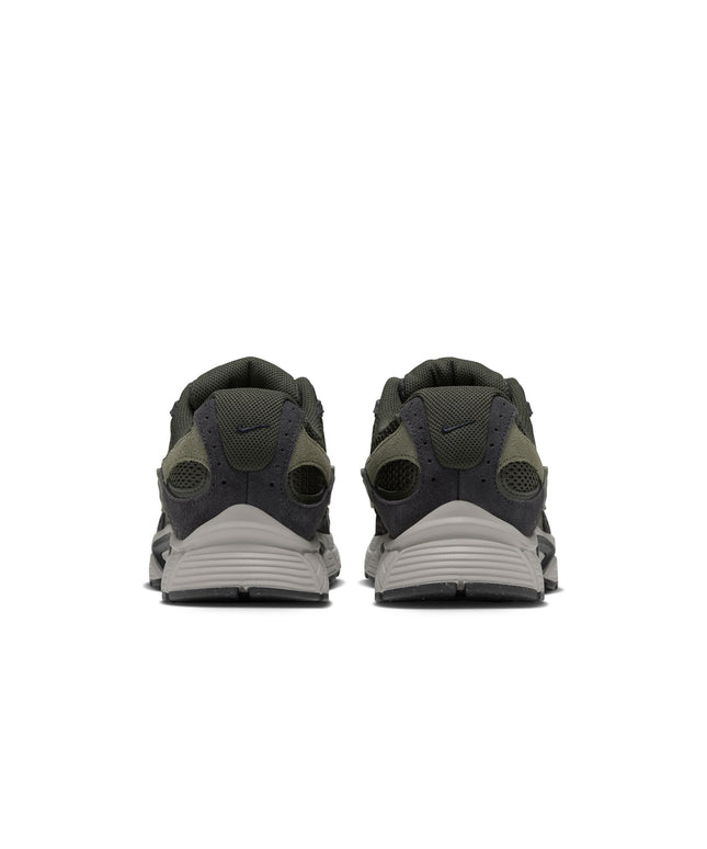Rear view of Nike V5 RNR sneakers in olive green and black suede with textured mesh and light grey foam midsoles.