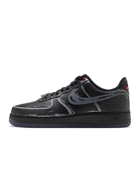 Nike Mens Air Force 1 '07 Scream sneaker in black leather featuring distressed sketch-style detailing and red accents.
