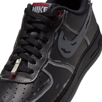 Black leather Nike Air Force 1 '07 sneaker featuring a grey sketched outline, gym red accents, and metallic phone charm.