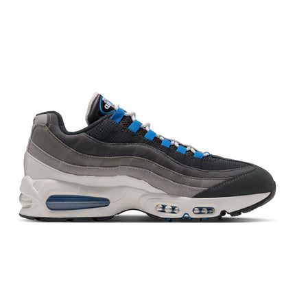Nike Air Max 95 sneaker in anthracite mesh and graphite suede with bright blue spark lacing and blue sole air units.