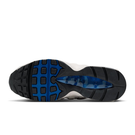 Bottom view of Nike Air Max 95 sneaker in anthracite and blue spark with textured rubber tread and blue visible air.