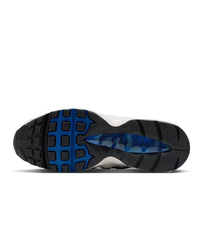 Bottom view of Nike Air Max 95 sneaker in anthracite and blue spark with textured rubber tread and blue visible air.