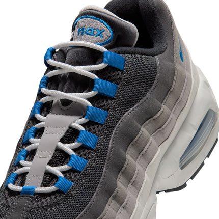 Close-up of Nike Air Max 95 sneaker in anthracite and blue spark with grey suede overlays and white lace details.