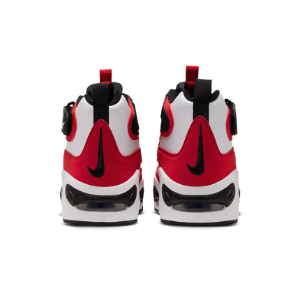 Rear view of red, white, and black Nike Air Griffey Max 1 sneakers featuring leather panels and visible air cushioning.