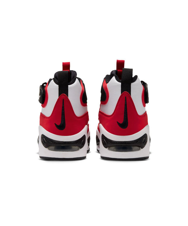 Rear view of red, white, and black Nike Air Griffey Max 1 sneakers featuring leather panels and visible air cushioning.