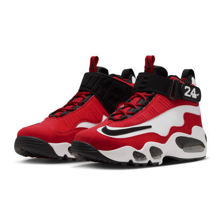 Nike Air Griffey Max 1 sneakers in red and white nubuck with black accents, a midfoot strap, and visible air cushioning.