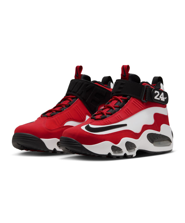 Nike Air Griffey Max 1 sneakers in red and white nubuck with black accents, a midfoot strap, and visible air cushioning.