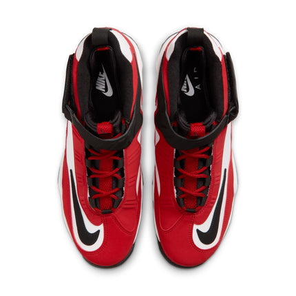 A pair of Nike Air Max 2013 sneakers in red, black, and white, shown from a top-down view on a white background.