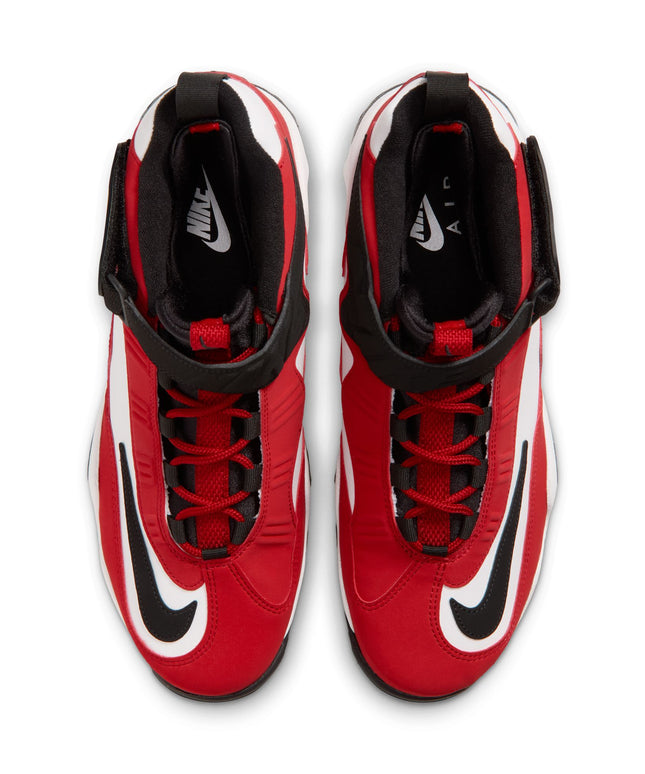 A pair of Nike Air Max 2013 sneakers in red, black, and white, shown from a top-down view on a white background.