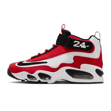 Nike Air Griffey Max 1 sneaker in red and white synthetic leather with black accents, ankle strap, and number 24 detail.