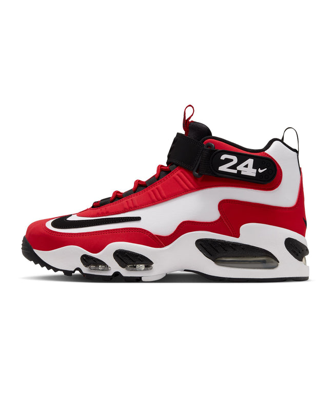 Nike Air Griffey Max 1 sneaker in red and white synthetic leather with black accents, ankle strap, and number 24 detail.