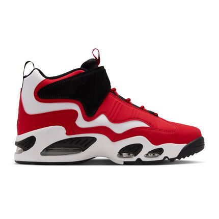 A red, white, and black high-top sneaker shown in a side profile view against a solid white background.
