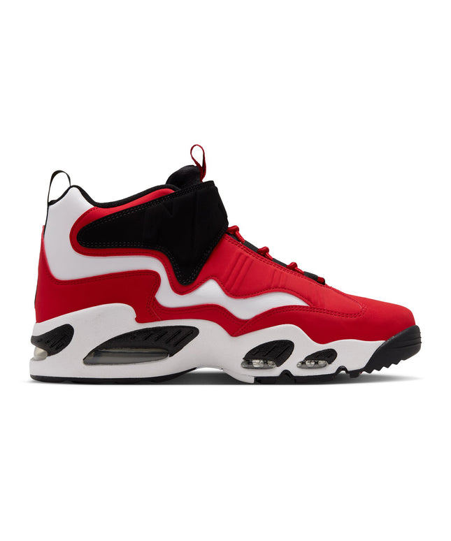 A red, white, and black high-top sneaker shown in a side profile view against a solid white background.