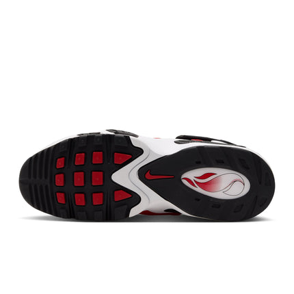 Black, white, and red rubber outsole of a Nike Air Griffey Max 1 Cincinnati Reds sneaker with a prominent Swoosh logo.