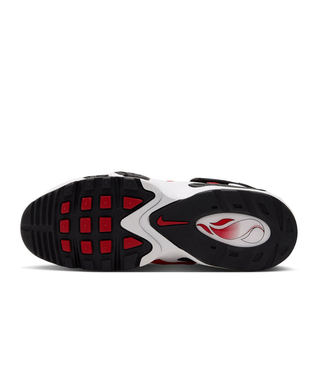 Black, white, and red rubber outsole of a Nike Air Griffey Max 1 Cincinnati Reds sneaker with a prominent Swoosh logo.
