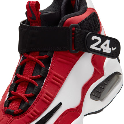 Close-up of Nike Air Griffey Max 1 in red, white, and black leather with a prominent ankle strap featuring a white 24.