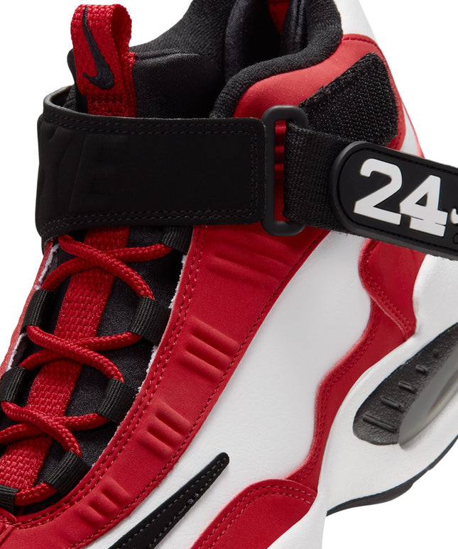 Close-up of Nike Air Griffey Max 1 in red, white, and black leather with a prominent ankle strap featuring a white 24.