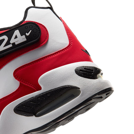 Close-up of a white and red Nike Air Griffey Max 1 featuring a leather upper, black 24 strap, and visible Air sole unit.