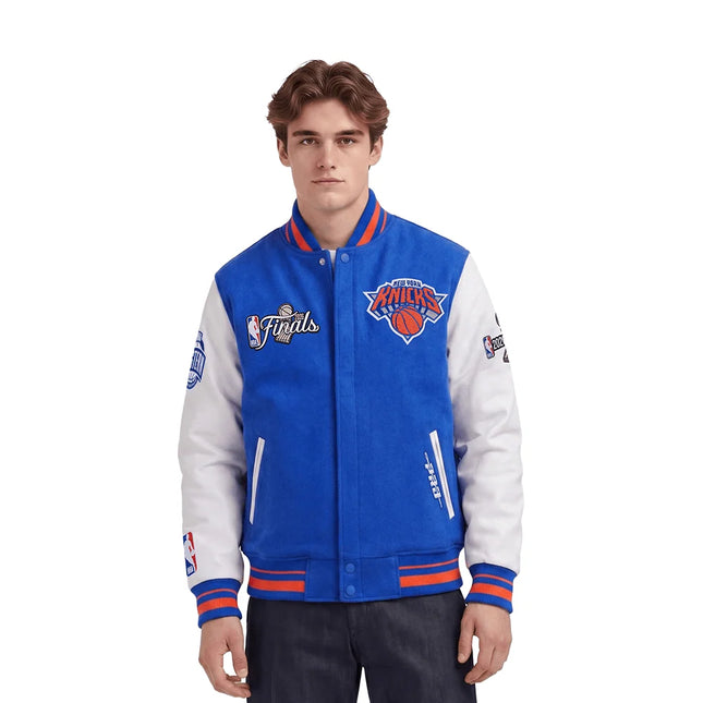 Pro Standard New York Knicks 2026 Finals blue wool varsity jacket with white leather sleeves and embroidered logos.