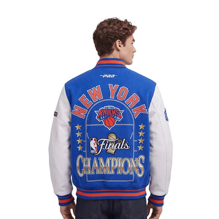 Pro Standard New York Knicks 2026 Finals Champions varsity jacket in blue wool with white leather sleeves and logo.