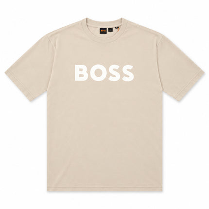 Hugo Boss Thinking T-shirt in light tan cotton featuring a prominent white BOSS logo printed on the center chest.