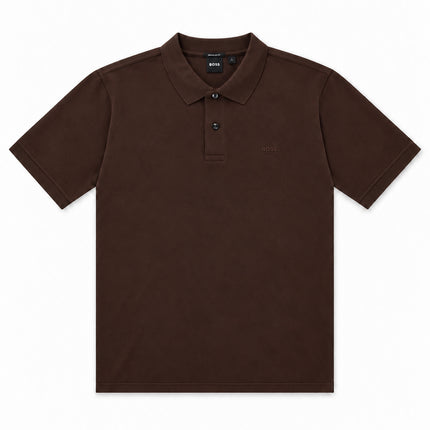 Dark brown Hugo Boss Pallas polo shirt in a classic cotton pique fabric with a two-button placket and logo detail.