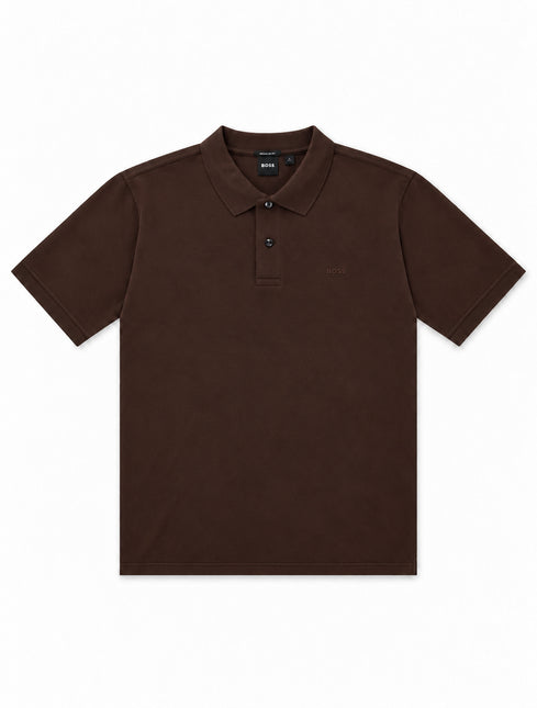 Dark brown Hugo Boss Pallas polo shirt in a classic cotton pique fabric with a two-button placket and logo detail.