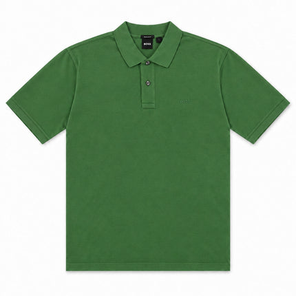 Hugo Boss Pallas polo shirt in solid green cotton pique with a two-button placket and embroidered logo on the chest.