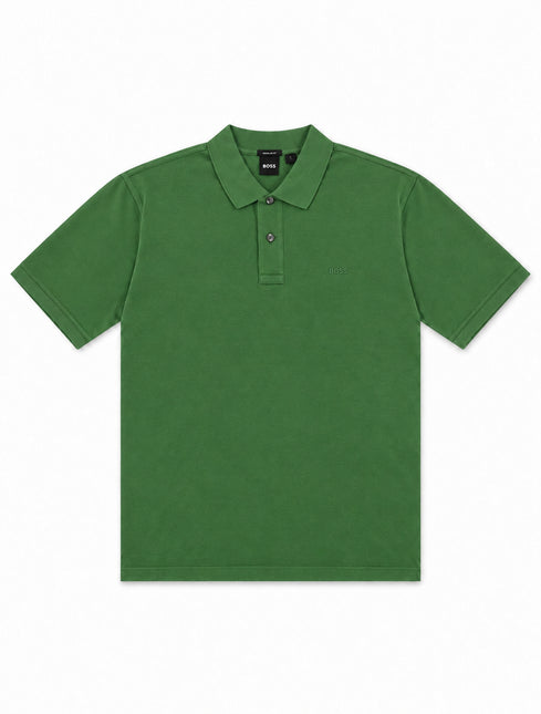 Hugo Boss Pallas polo shirt in solid green cotton pique with a two-button placket and embroidered logo on the chest.