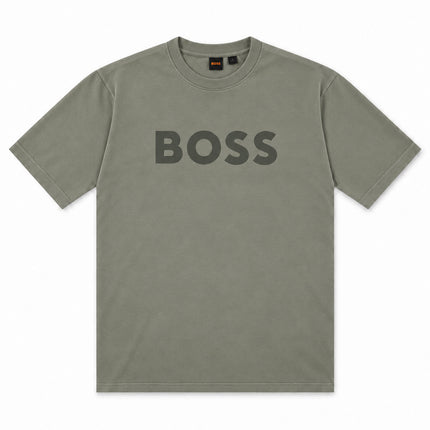 BOSS charcoal grey short-sleeved cotton t-shirt with a centered dark grey brand logo print on the chest.