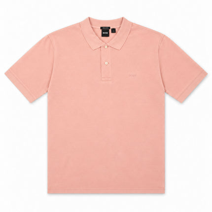 Hugo Boss Pallas polo shirt in soft pink featuring a classic collar, two-button placket, and subtle tonal logo embroidery.