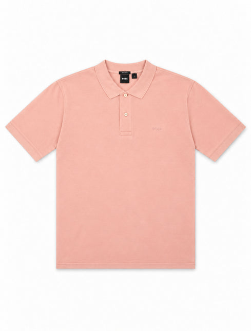 Hugo Boss Pallas polo shirt in soft pink featuring a classic collar, two-button placket, and subtle tonal logo embroidery.
