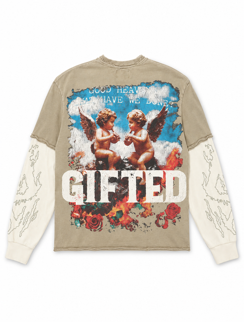 Khaki GFTD LA long sleeve shirt featuring two cherubs, flames, roses, and Gifted text in a distressed vintage finish.
