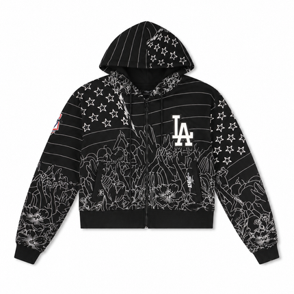 Pro Standard women’s cropped black LA Dodgers hoodie featuring an all-over white line art flag and floral print.