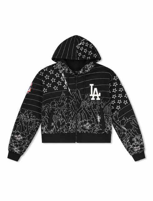 Pro Standard women’s cropped black LA Dodgers hoodie featuring an all-over white line art flag and floral print.