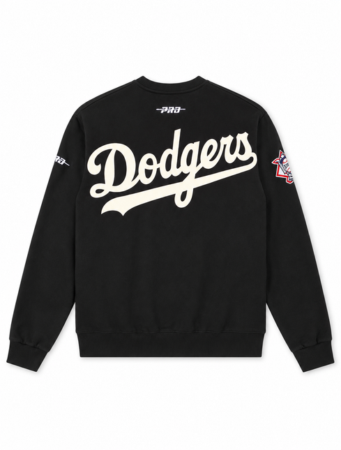 Pro Standard LA Dodgers black fleece crewneck featuring large cream script lettering on the back and team patches.