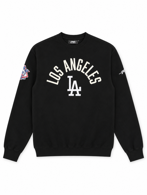 Pro Standard LA Dodgers black fleece crewneck sweatshirt featuring curved white Los Angeles text and LA logo patches.
