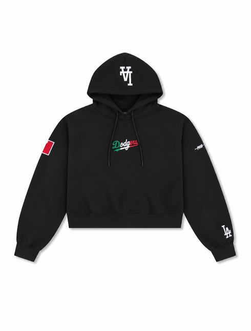 Pro Standard black cropped hoodie for women featuring an LA Dodgers script logo in Mexican flag colors on the chest.