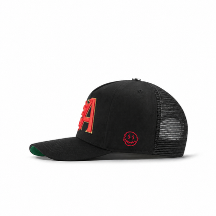 All Human King V2 black trucker hat with mesh back, featuring a red and yellow embroidered A logo and red smiley side.