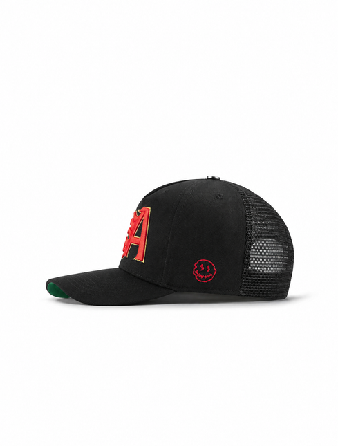 All Human King V2 black trucker hat with mesh back, featuring a red and yellow embroidered A logo and red smiley side.