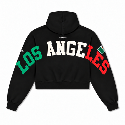 Pro Standard womens black cropped hoodie featuring arched LOS ANGELES lettering in green, white, and red with flag detail.
