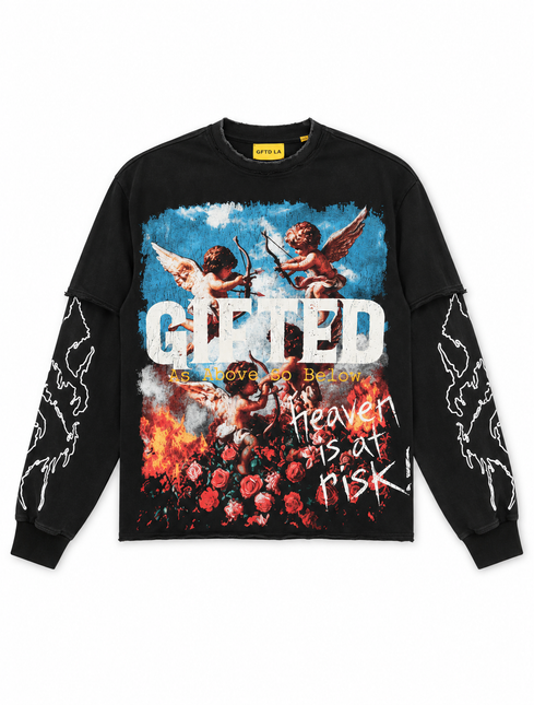 GFTD LA black long sleeve shirt featuring a graphic print of angels, roses, flames, and bold text on cotton fabric.