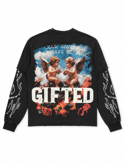 GFTD LA Heaven At Risk black cotton long sleeve t-shirt with a distressed graphic of two angels above orange flames.