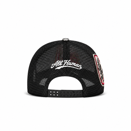 Back view of a black All Human King v2 trucker hat featuring a breathable mesh rear panel and an adjustable snapback.