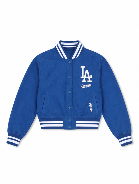 Pro Standard womens LA Dodgers varsity jacket in dark blue corduroy featuring a white embroidered logo on the chest.