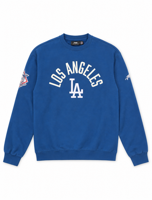 Pro Standard LA Dodgers long sleeve crewneck sweatshirt in dark blue with white Los Angeles and LA logo lettering.