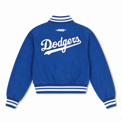 Pro Standard womens dark blue corduroy Los Angeles Dodgers jacket with white lettering and striped ribbed trim.