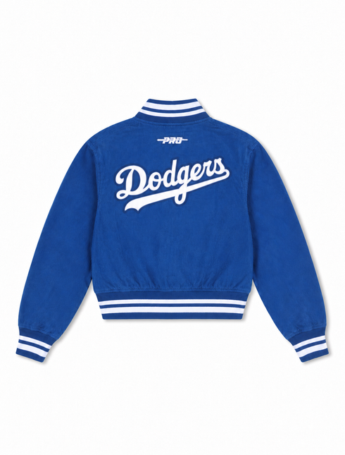 Pro Standard womens dark blue corduroy Los Angeles Dodgers jacket with white lettering and striped ribbed trim.