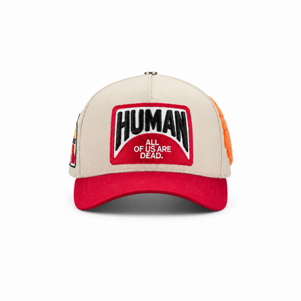 All Human EBT baseball cap in cream cotton with a red visor and a central patch featuring text All of Us Are Dead.